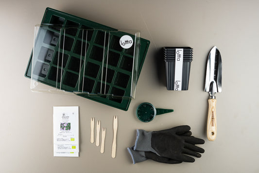 zaaiset starter eenjarig - zaaitray stekpotjes doseerder schepje bloem zaden handschoenen