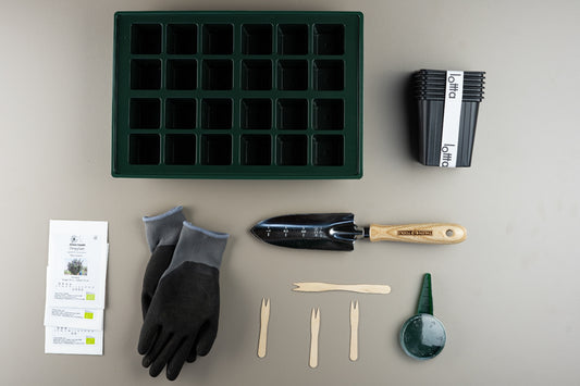 zaaiset starter meerjarig - zaaitray stekpotjes doseerder schepje bloem zaden handschoenen meerjarig S