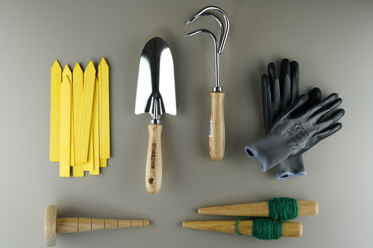 plant set - schepje handcultivator handschoenen pootstok piket met tuintouw plantlabels 